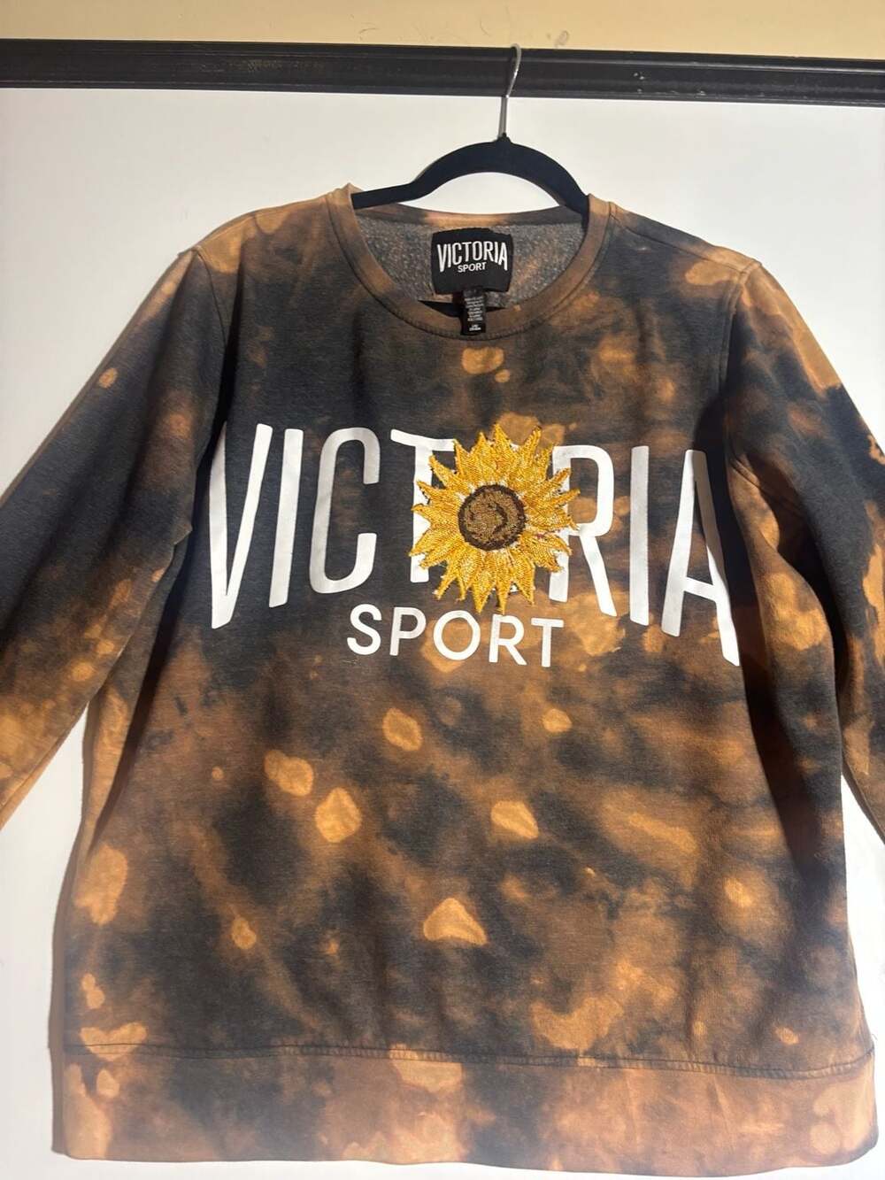Reworked  Victoria Sport Bleach Washed Acid Wash Sunflower Sweatshirt LG
